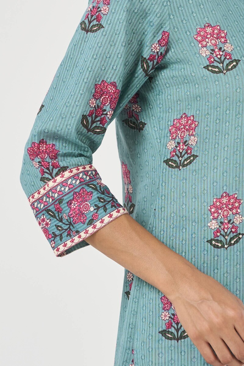 Blue Hand Printed Straight Cotton Dobby Kurta