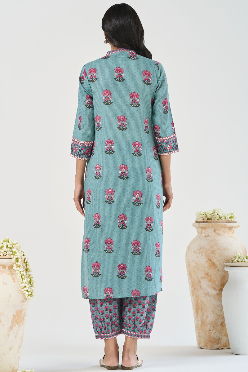 Blue Hand Printed Straight Cotton Dobby Kurta