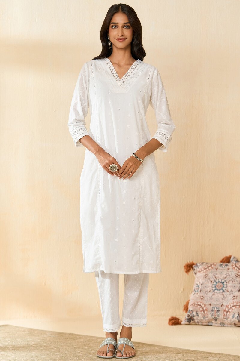 White Handcrafted Straight Cotton Kurta