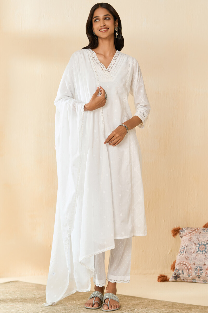 White Handcrafted Straight Cotton Kurta