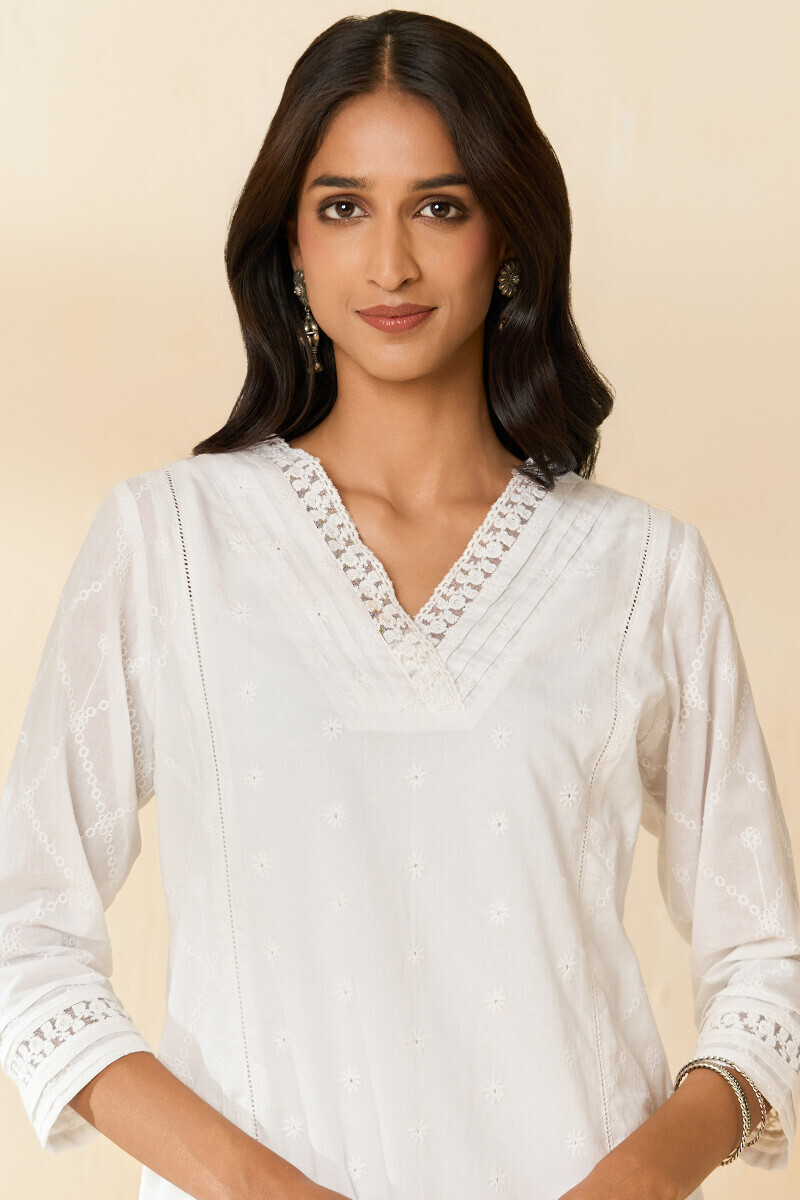 White Handcrafted Straight Cotton Kurta