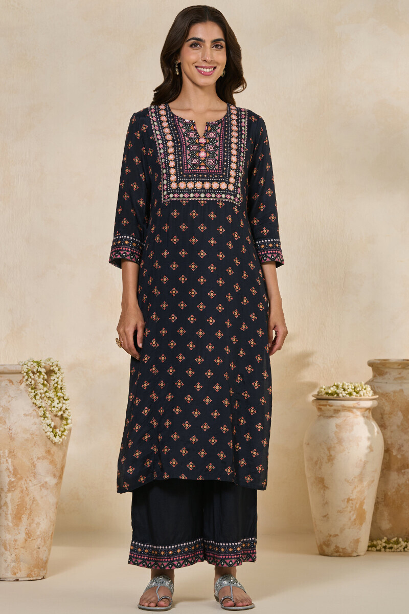 Black Printed Straight Viscose Kurta