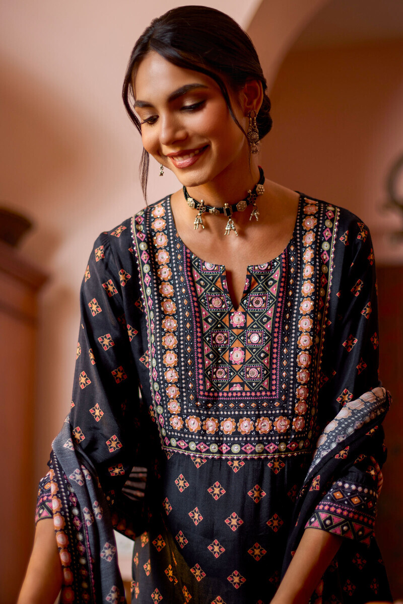 Black Printed Straight Viscose Kurta