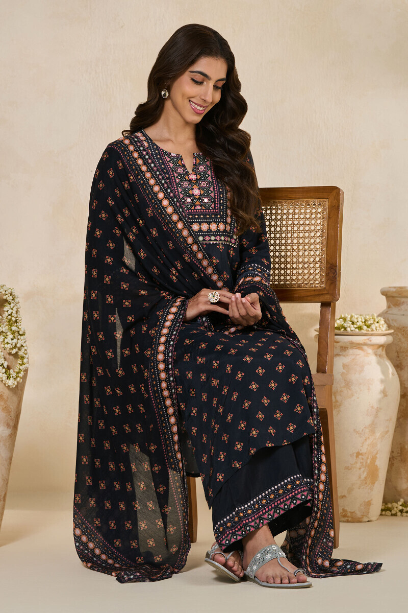 Black Printed Straight Viscose Kurta