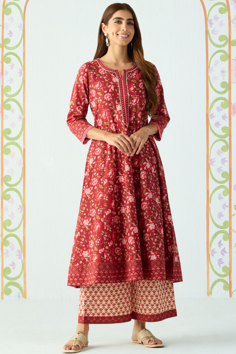 Maroon Hand Printed Anarkali Cotton Kurta