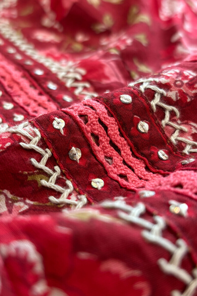 Maroon Hand Printed Anarkali Cotton Kurta