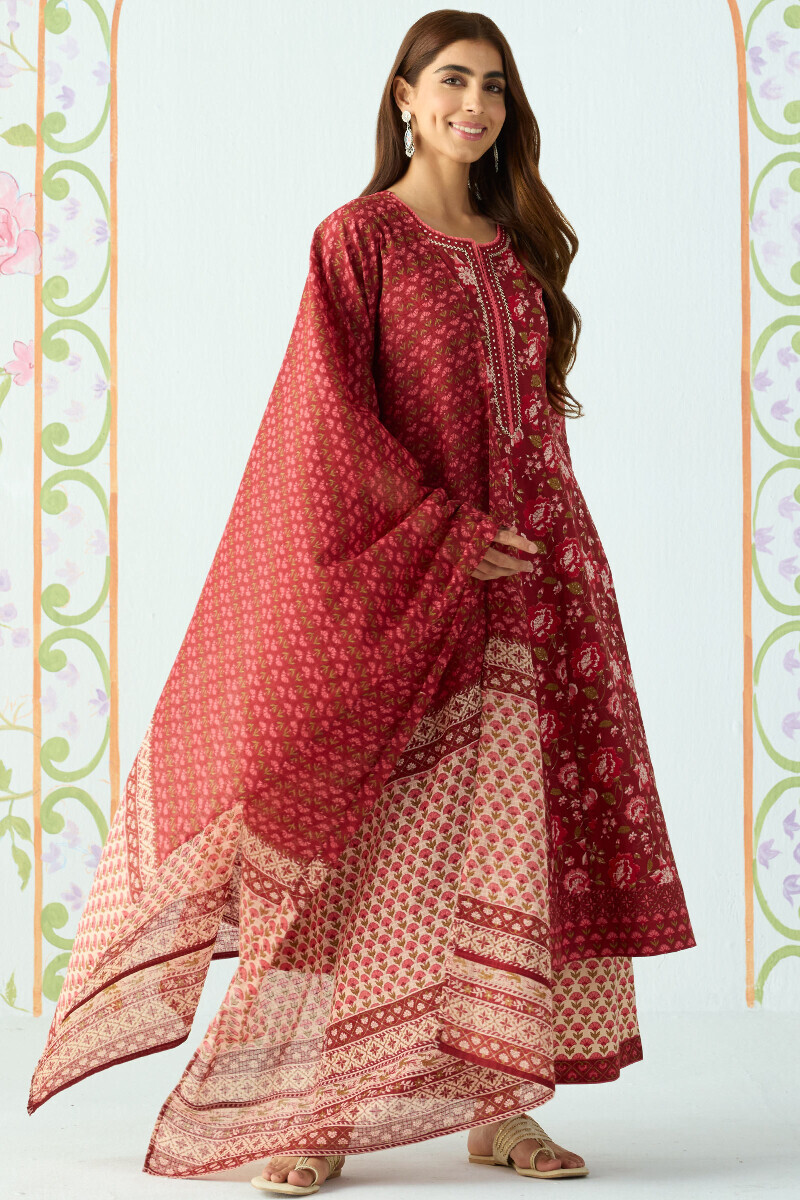Maroon Hand Printed Anarkali Cotton Kurta