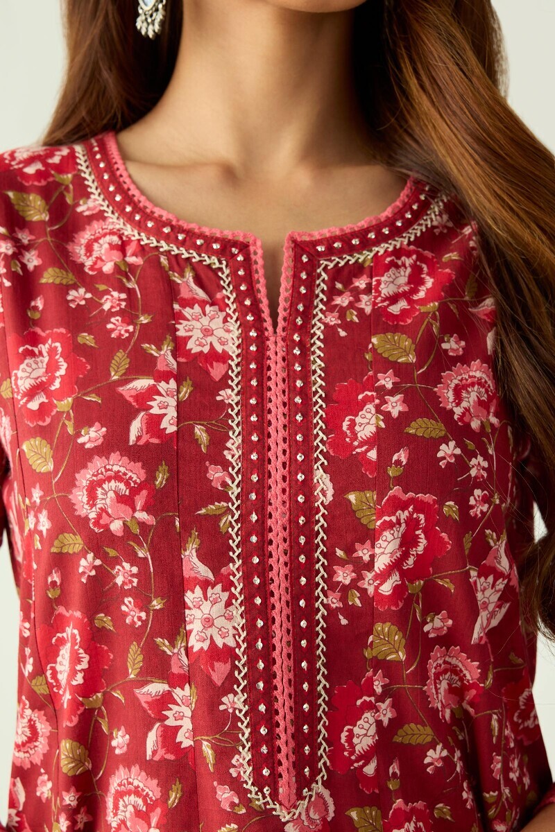 Maroon Hand Printed Anarkali Cotton Kurta