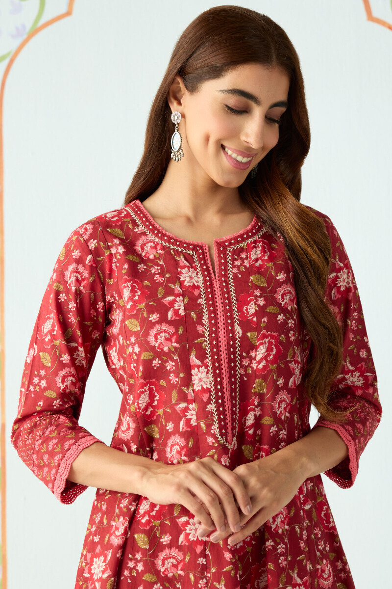 Maroon Hand Printed Anarkali Cotton Kurta