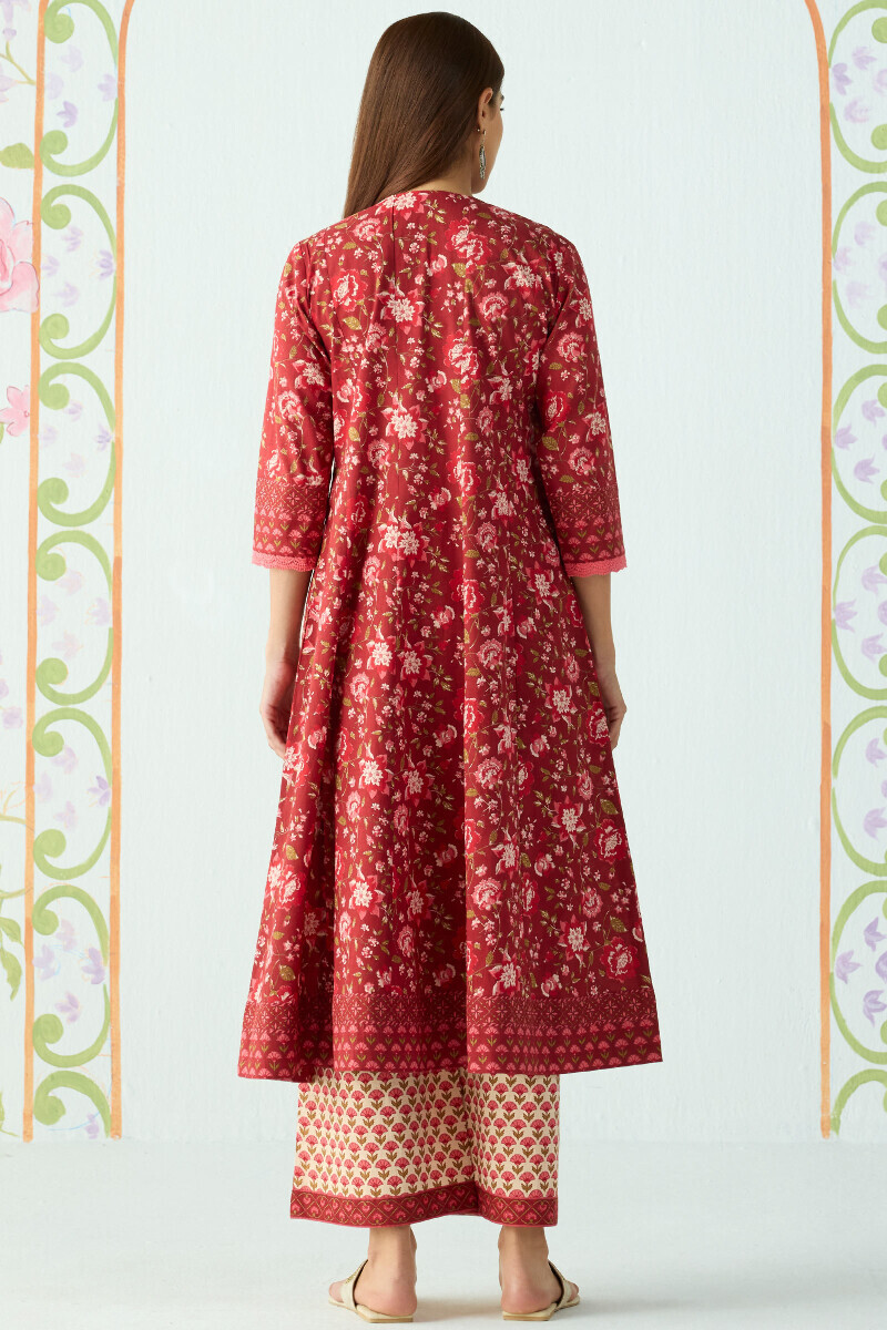 Maroon Hand Printed Anarkali Cotton Kurta