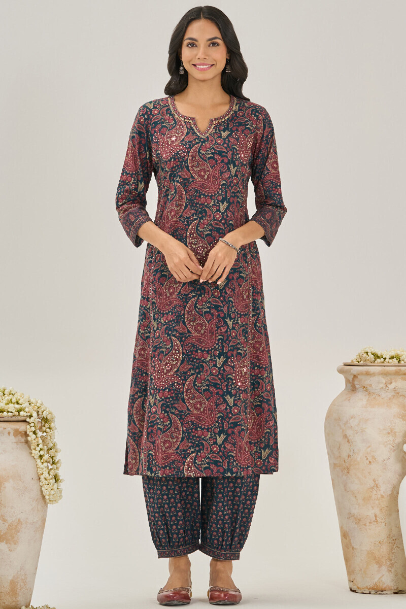 Blue Printed Straight Cotton Kurta