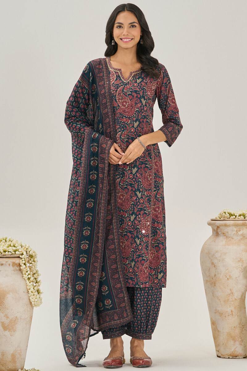Blue Printed Straight Cotton Kurta