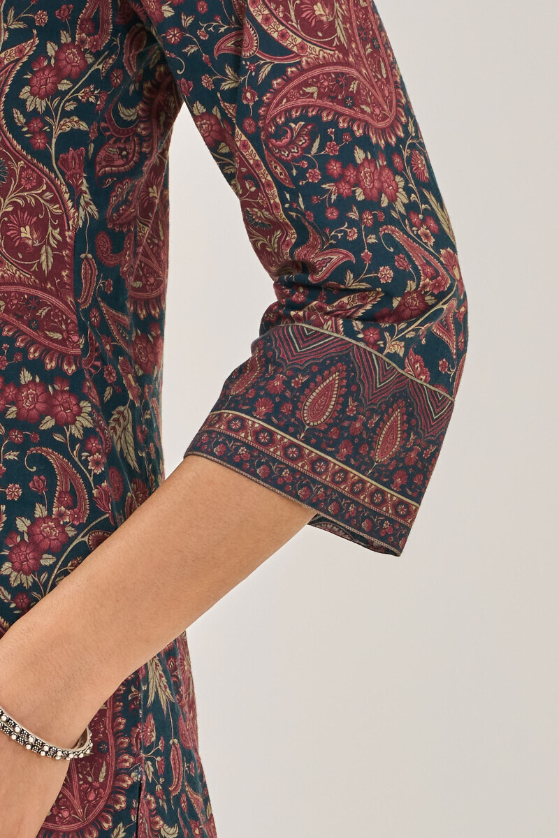 Blue Printed Straight Cotton Kurta