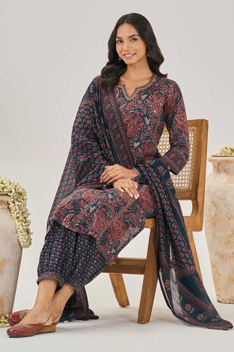 Blue Printed Straight Cotton Kurta