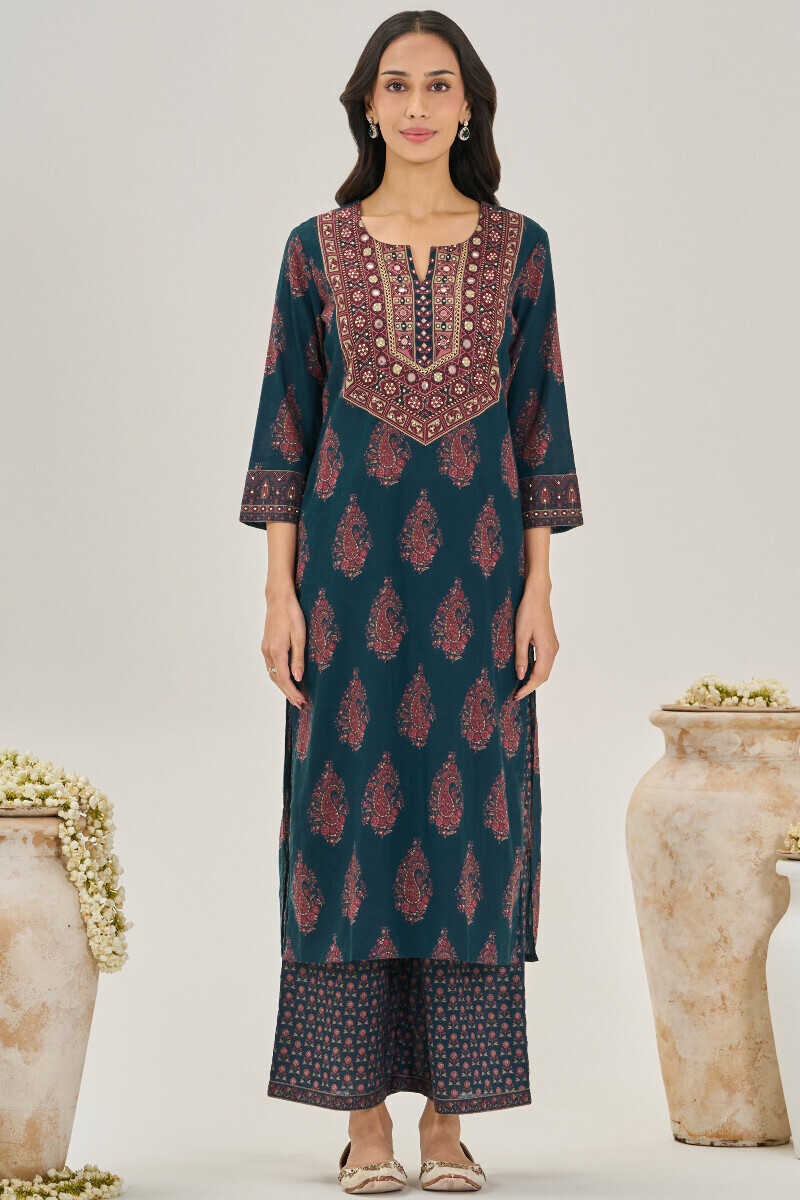 Blue Printed Straight Cotton Kurta