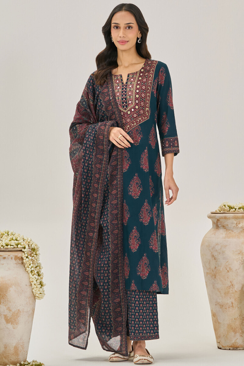 Blue Printed Straight Cotton Kurta