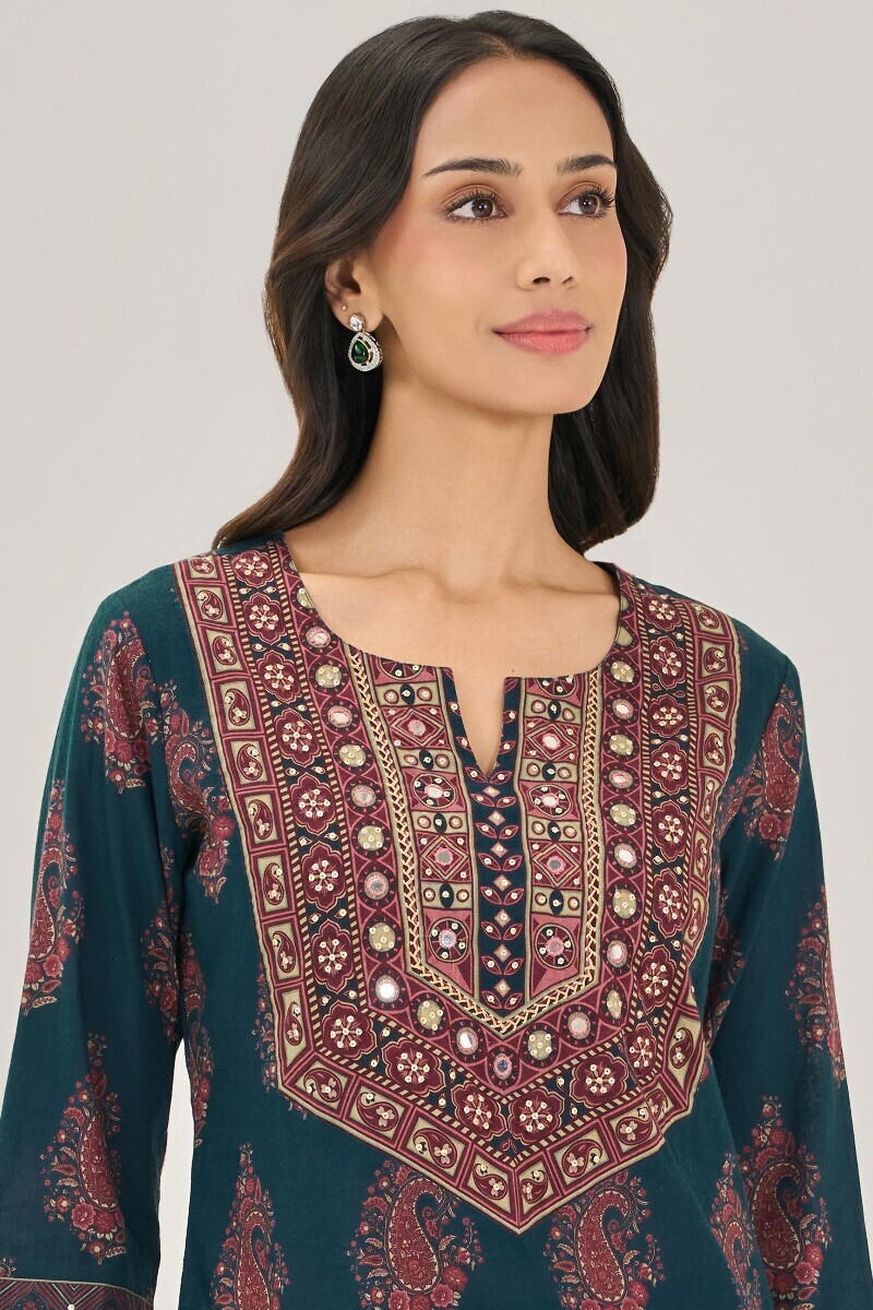 Blue Printed Straight Cotton Kurta
