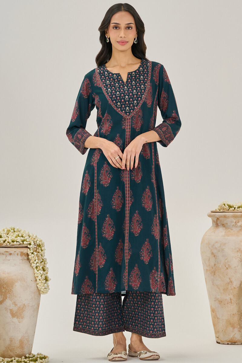 Blue Printed A-Line Cotton Kurta