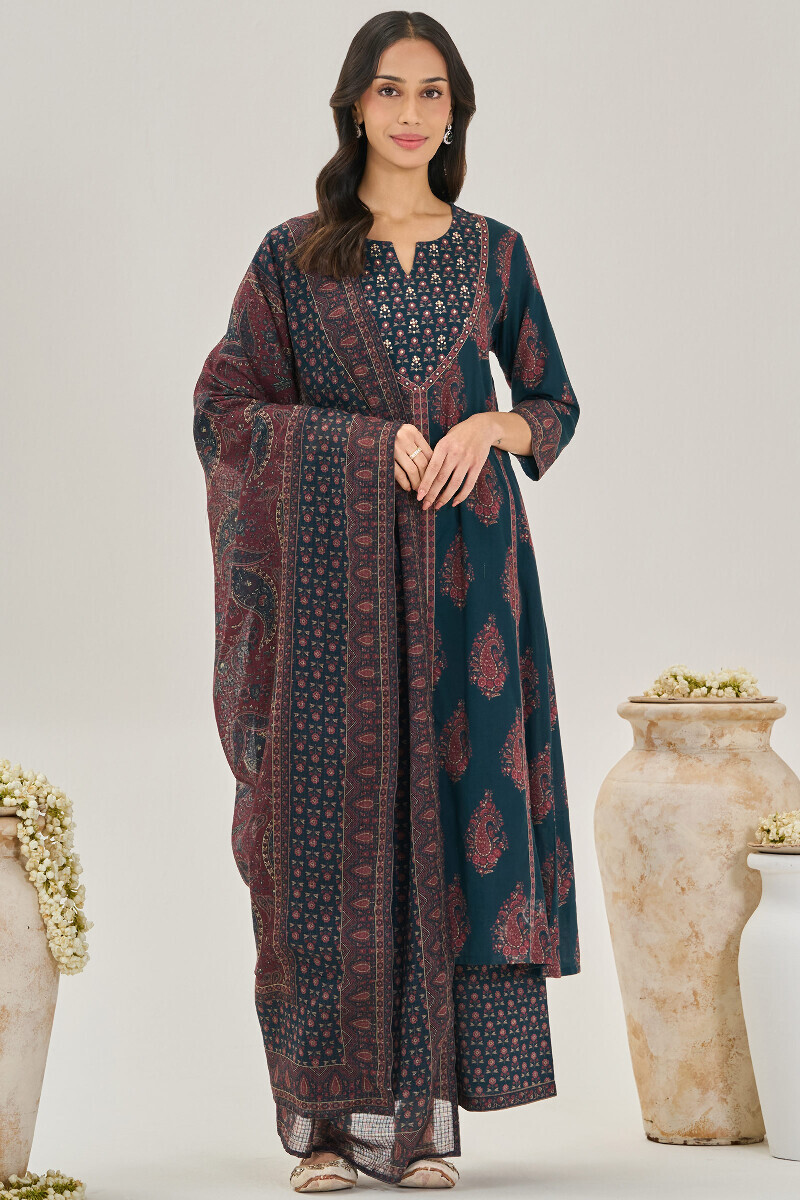 Blue Printed A-Line Cotton Kurta