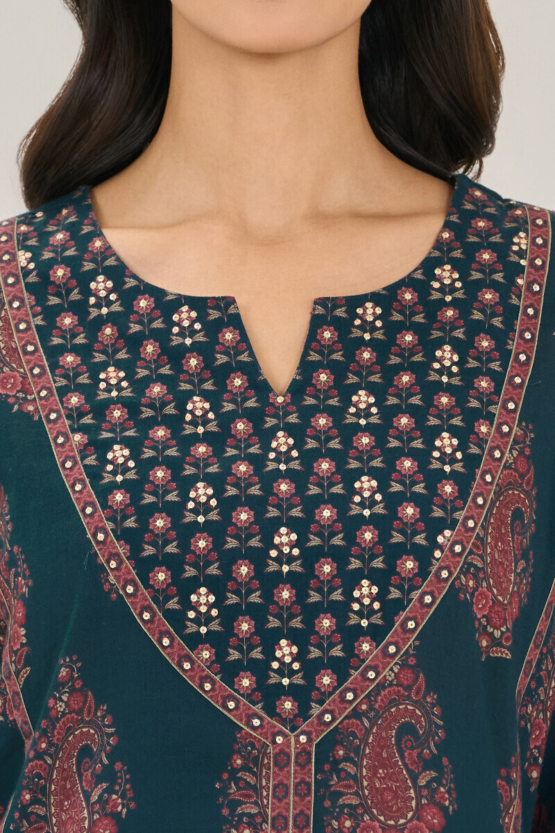 Blue Printed A-Line Cotton Kurta