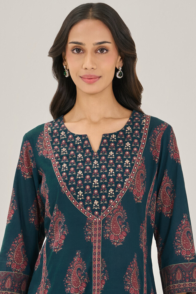 Blue Printed A-Line Cotton Kurta