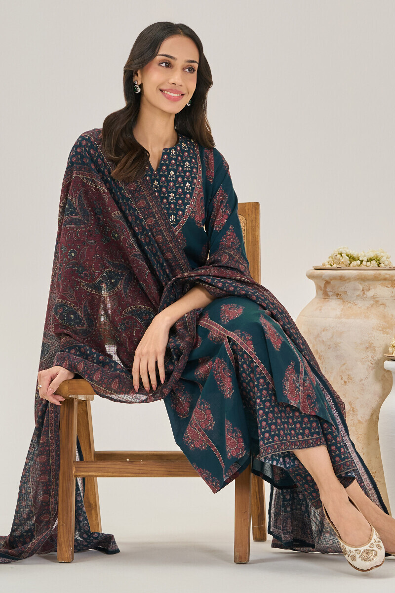 Blue Printed A-Line Cotton Kurta