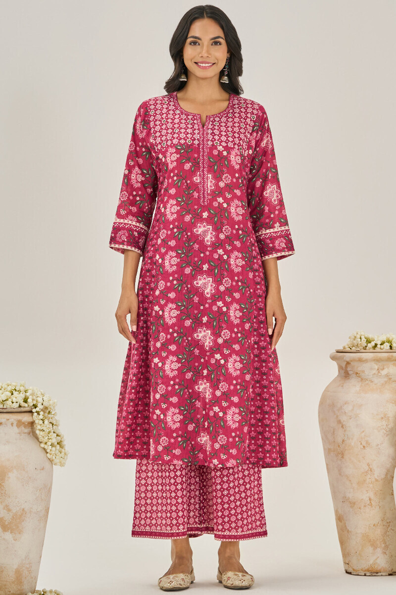 Pink Hand Printed A-Line Cotton Dobby Kurta