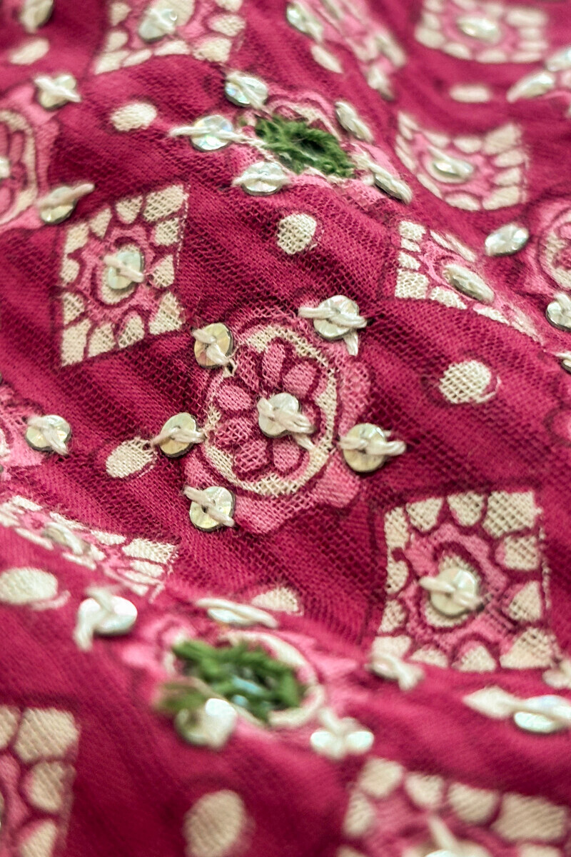 Pink Hand Printed A-Line Cotton Dobby Kurta