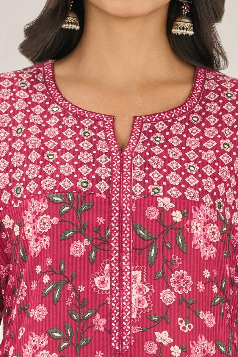 Pink Hand Printed A-Line Cotton Dobby Kurta