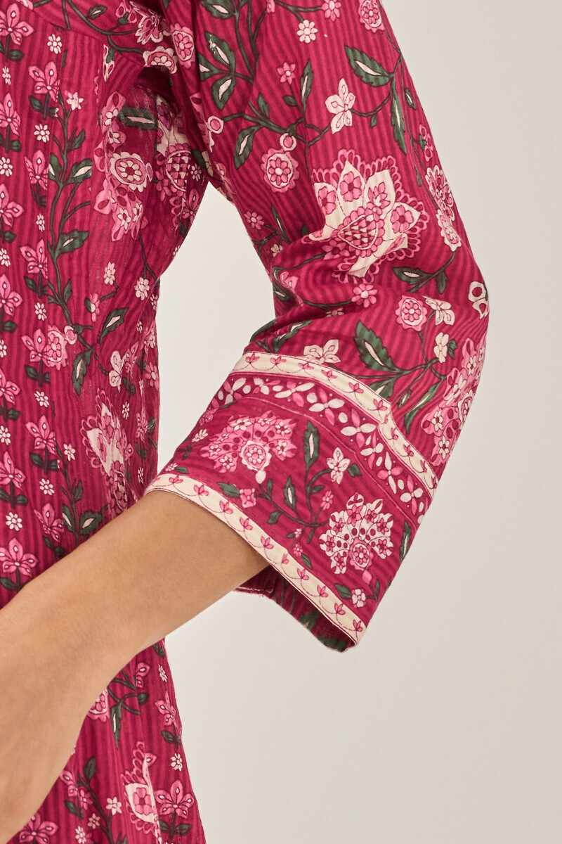 Pink Hand Printed A-Line Cotton Dobby Kurta