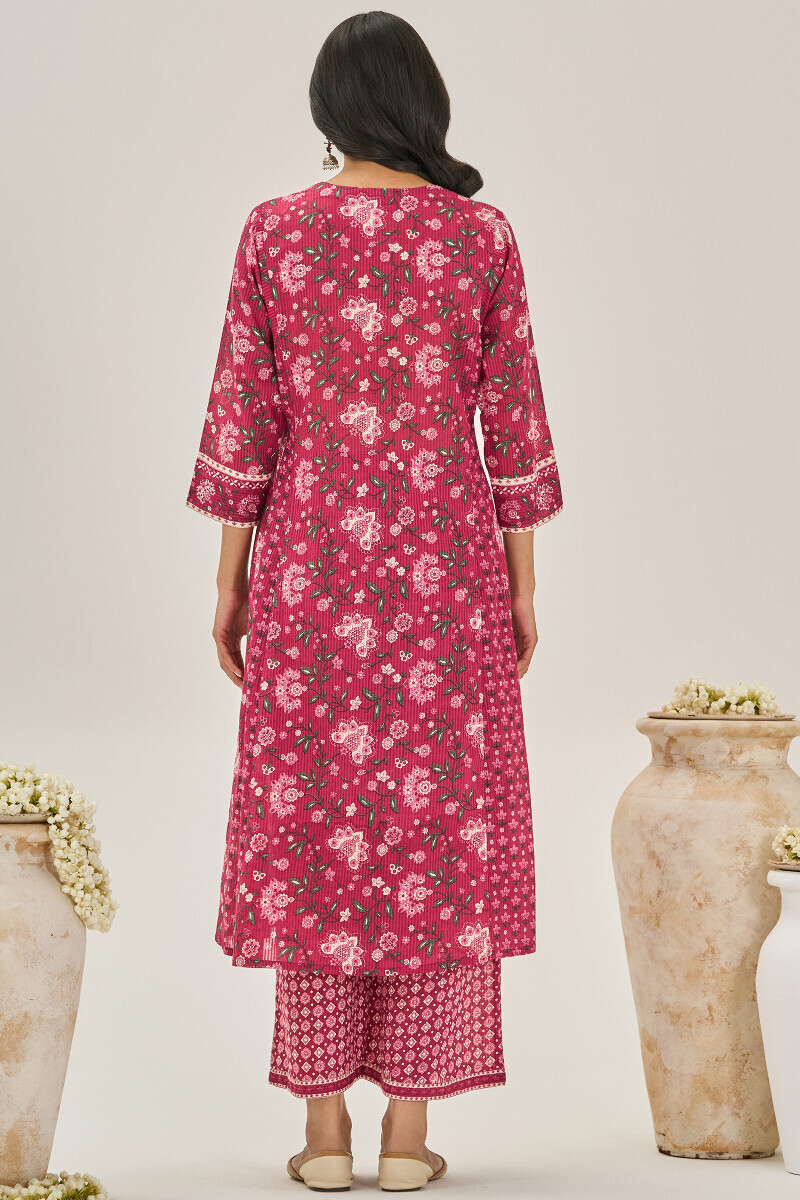 Pink Hand Printed A-Line Cotton Dobby Kurta