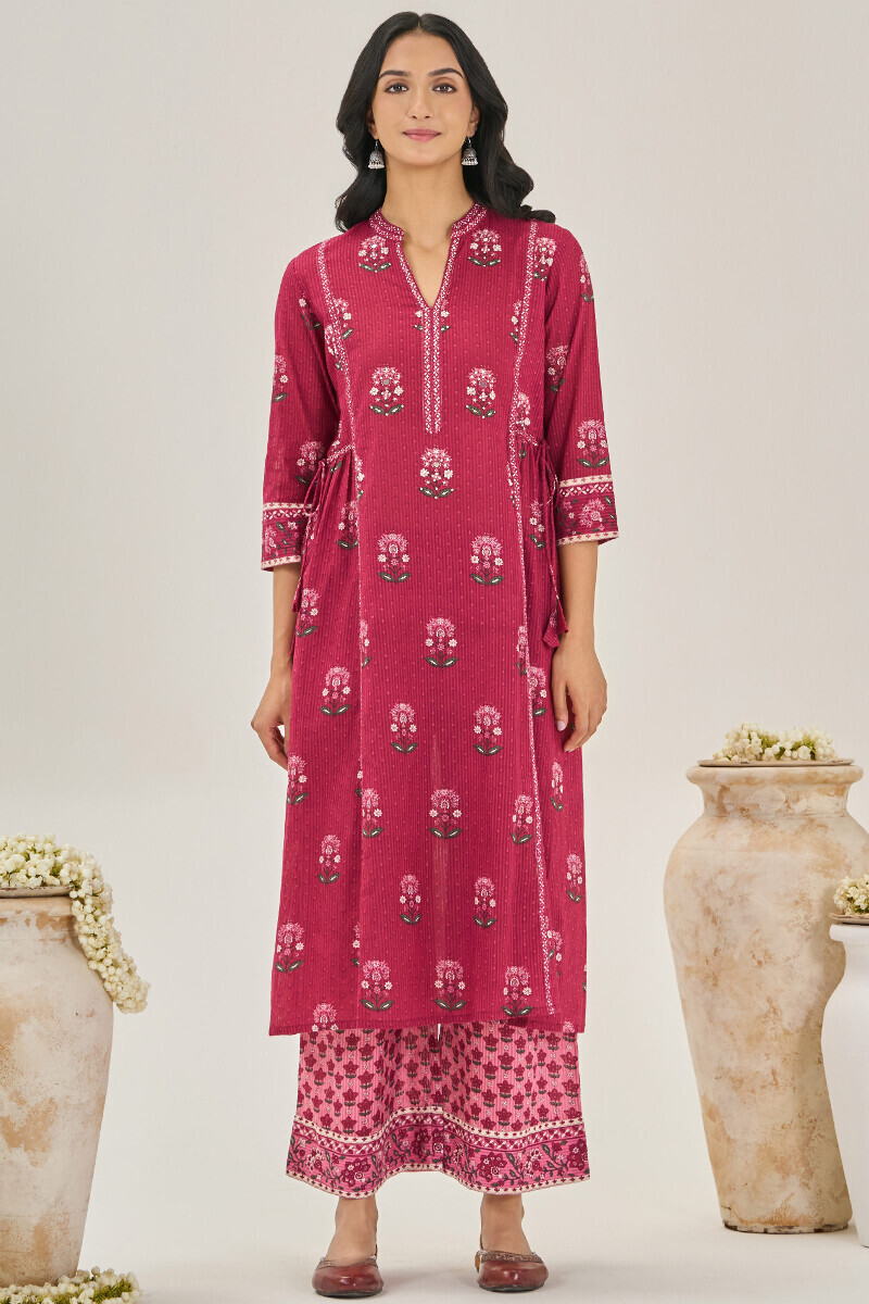 Pink Hand Printed A-Line Cotton Dobby Kurta