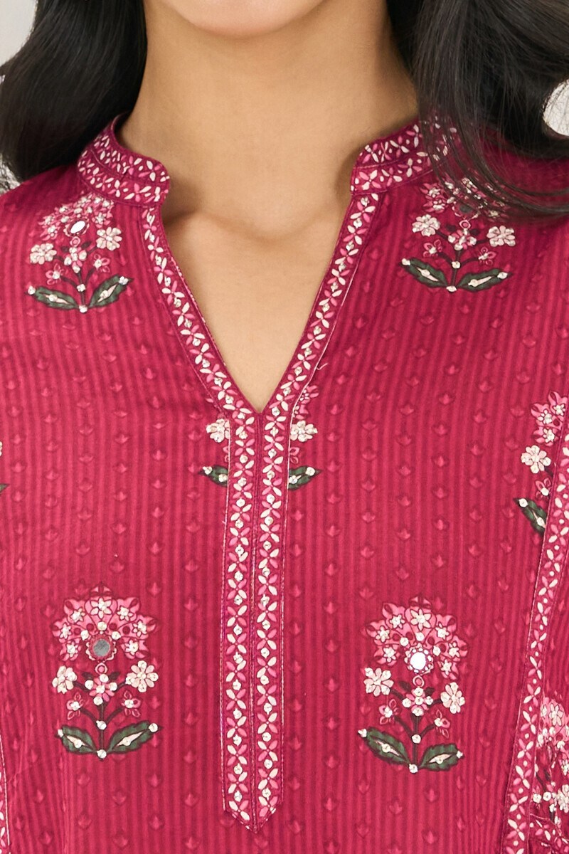 Pink Hand Printed A-Line Cotton Dobby Kurta