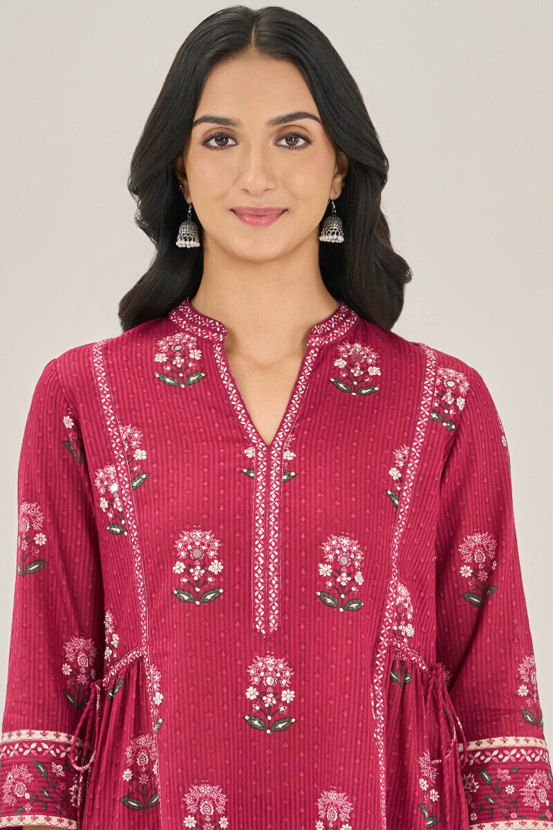 Pink Hand Printed A-Line Cotton Dobby Kurta