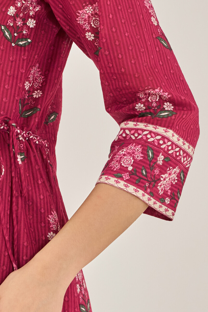 Pink Hand Printed A-Line Cotton Dobby Kurta