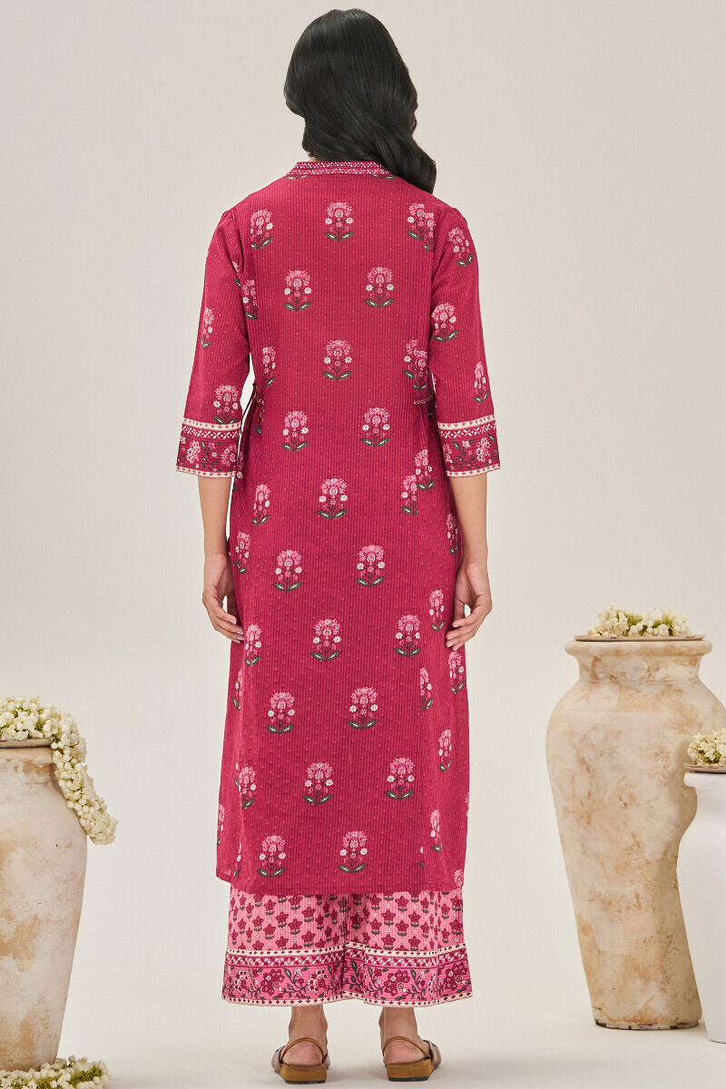 Pink Hand Printed A-Line Cotton Dobby Kurta