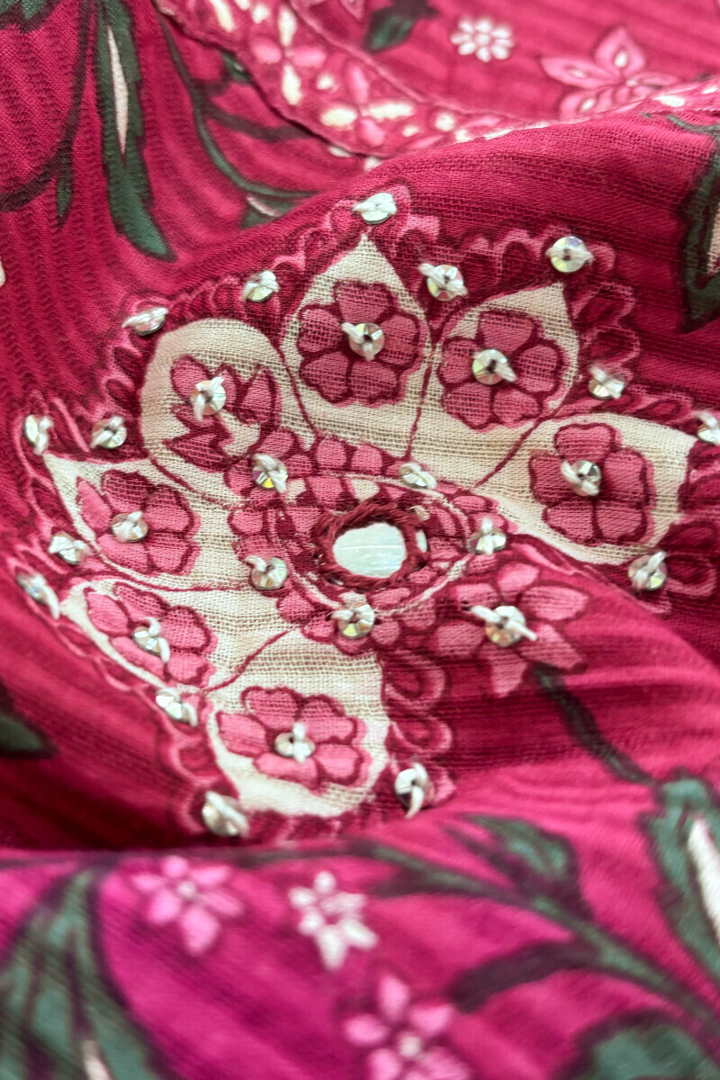 Pink Hand Printed Angrakha Cotton Dobby Kurta