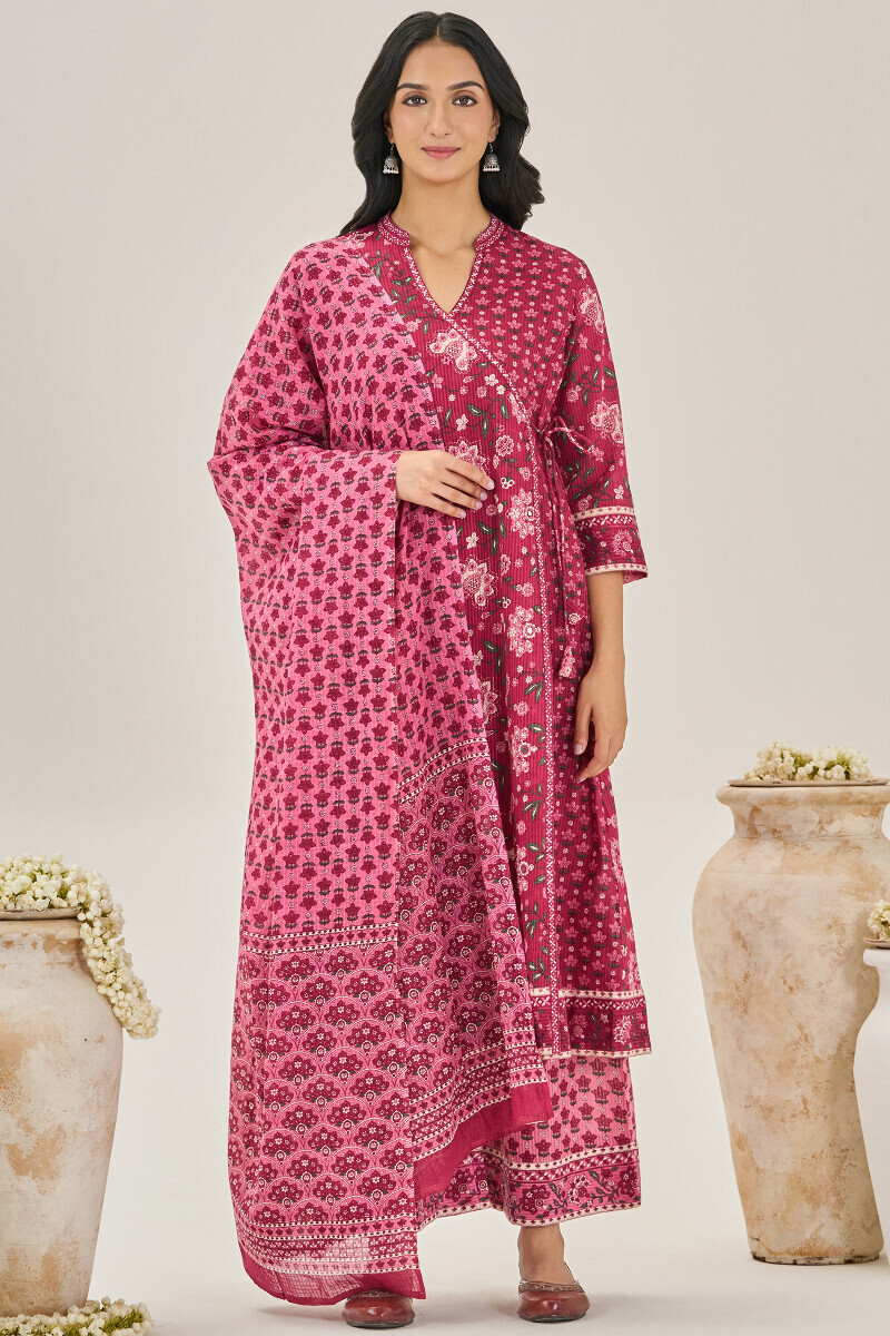Pink Hand Printed Angrakha Cotton Dobby Kurta