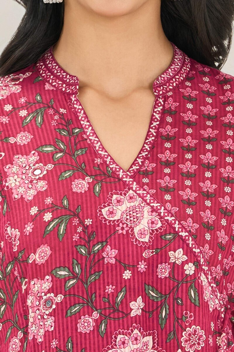 Pink Hand Printed Angrakha Cotton Dobby Kurta