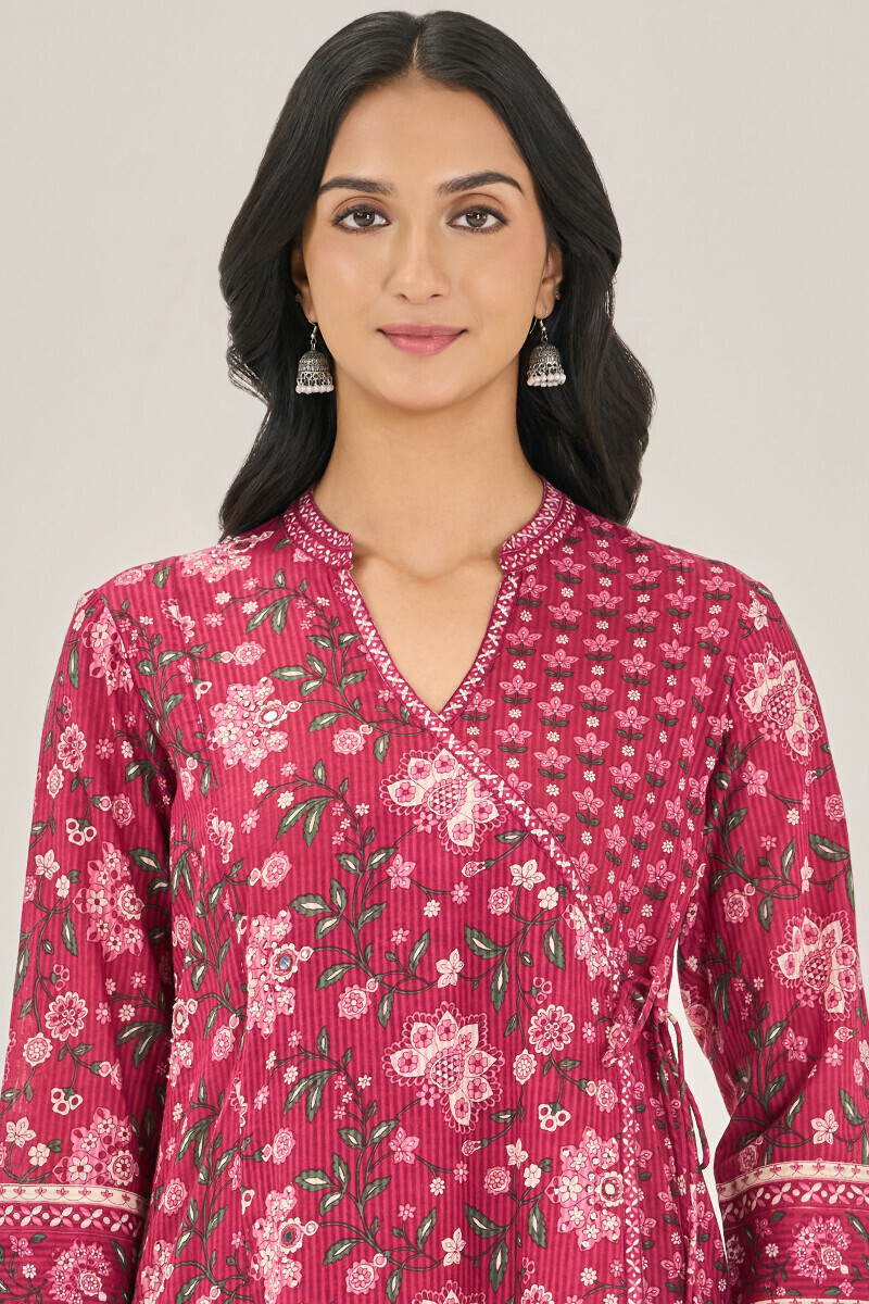 Pink Hand Printed Angrakha Cotton Dobby Kurta