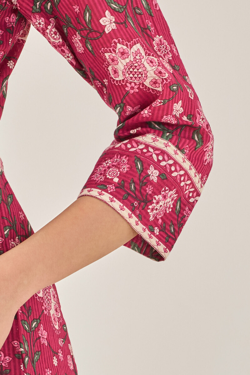 Pink Hand Printed Angrakha Cotton Dobby Kurta