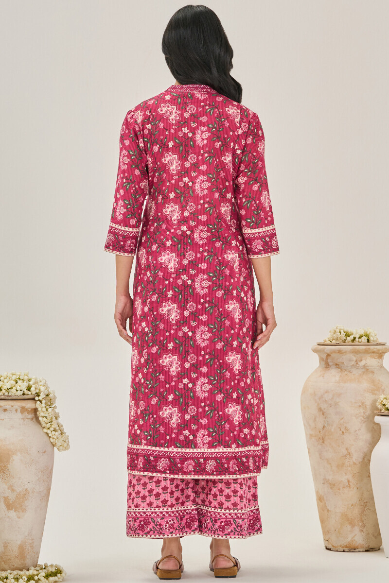 Pink Hand Printed Angrakha Cotton Dobby Kurta