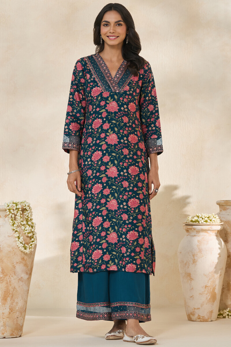 Blue Printed Straight Dola Silk Kurta