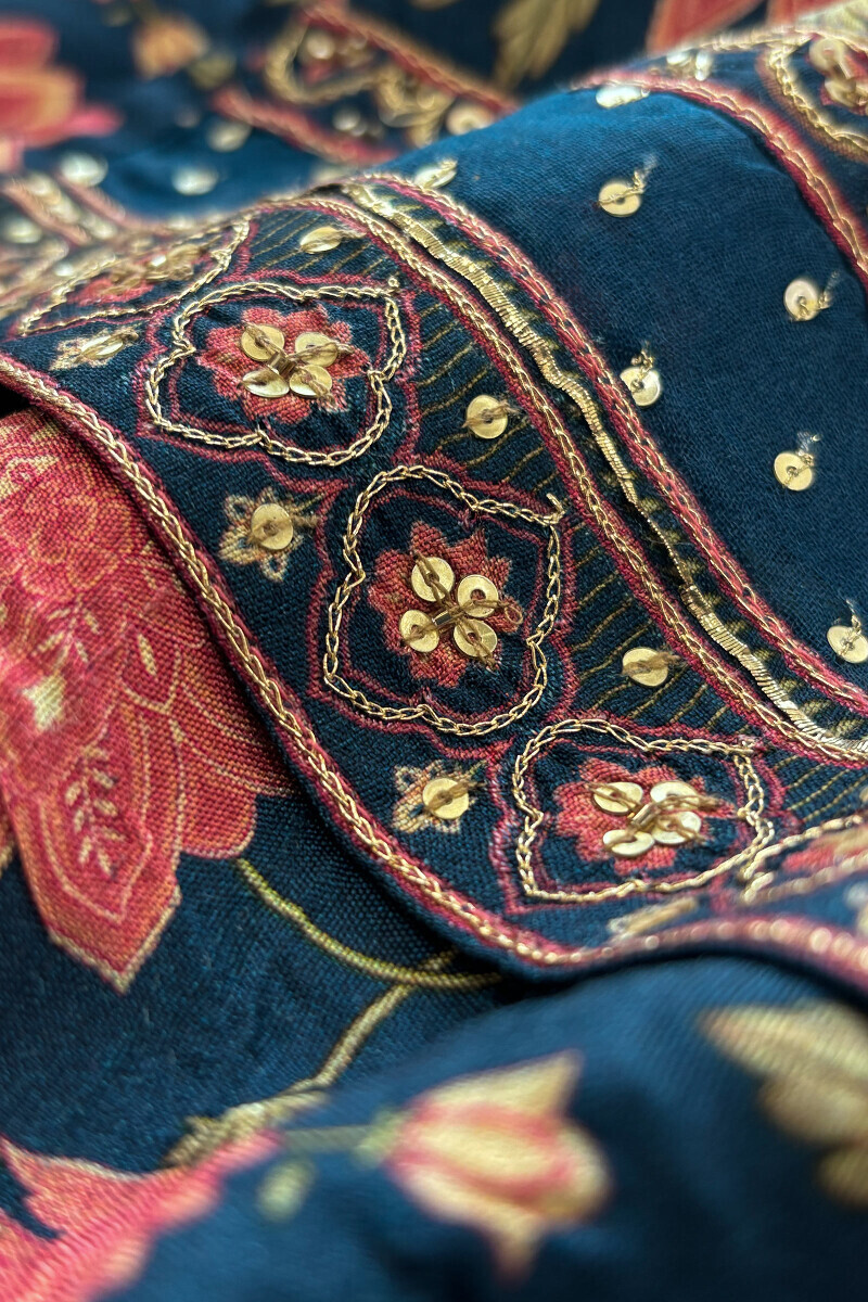 Blue Printed Straight Dola Silk Kurta