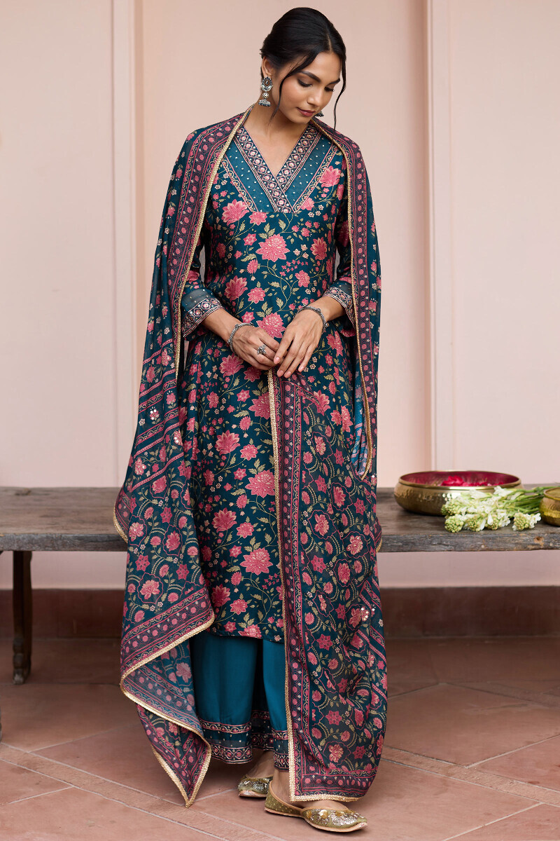 Blue Printed Straight Dola Silk Kurta