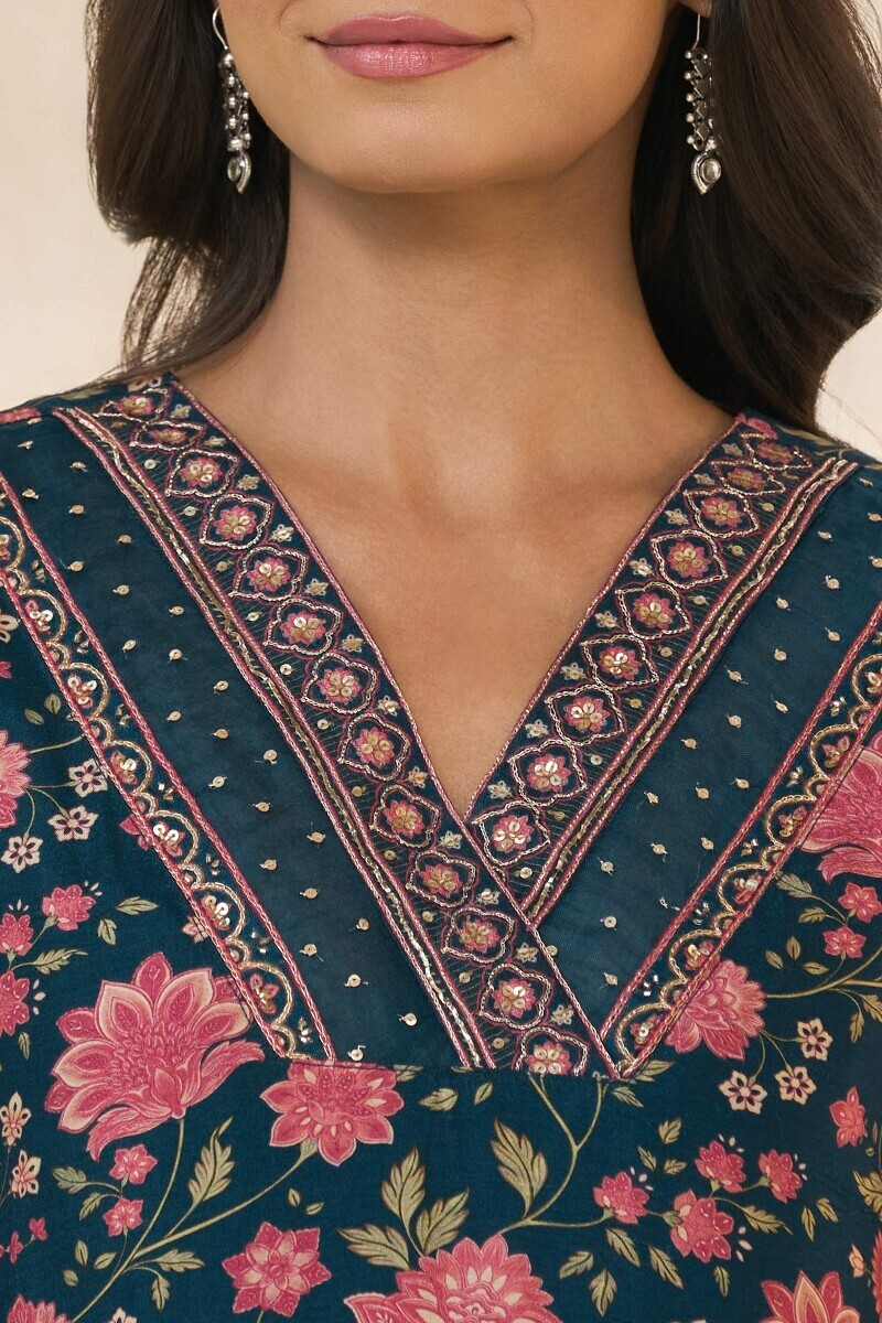 Blue Printed Straight Dola Silk Kurta