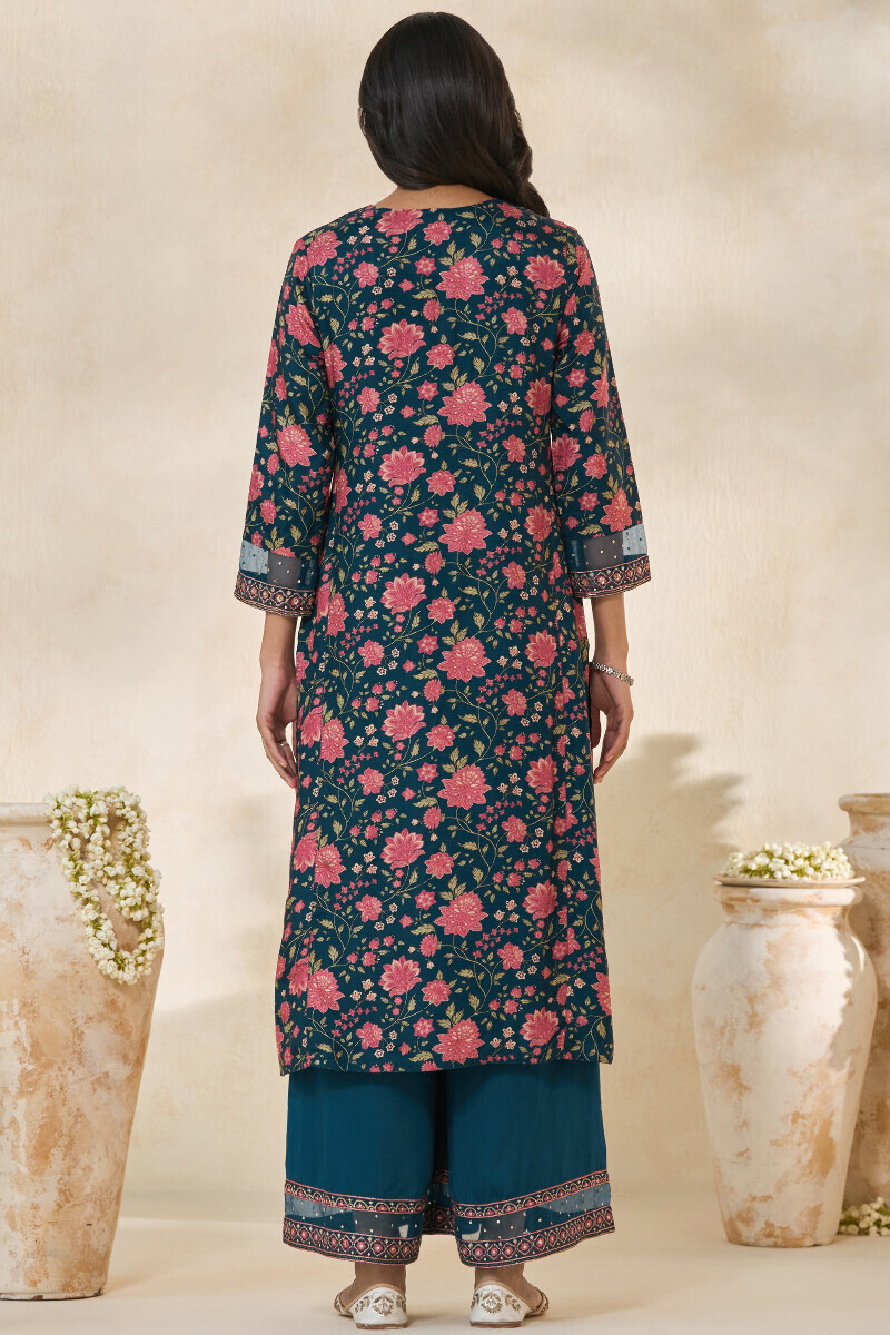 Blue Printed Straight Dola Silk Kurta