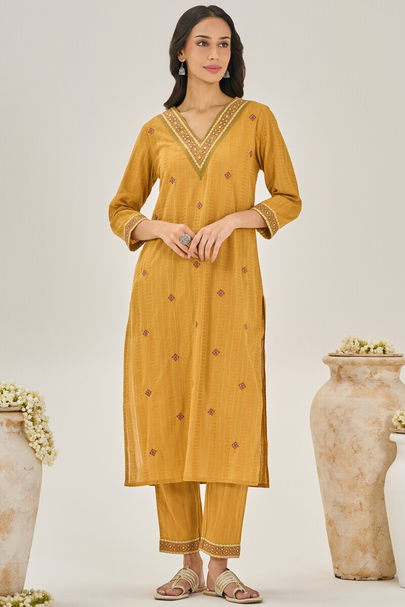 Mustard handcrafted Straight Cotton Dobby Kurta