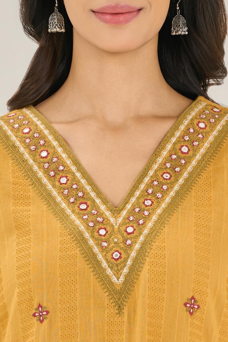 Mustard handcrafted Straight Cotton Dobby Kurta