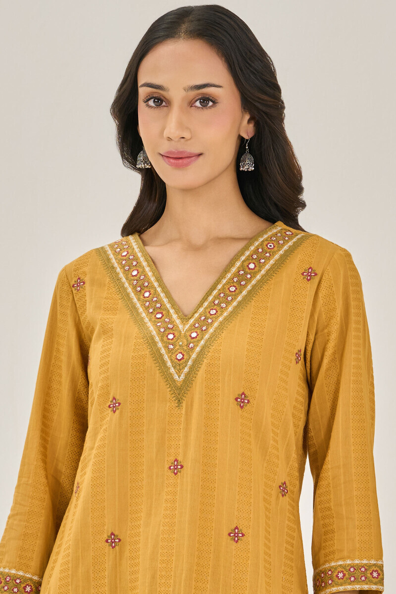 Mustard handcrafted Straight Cotton Dobby Kurta